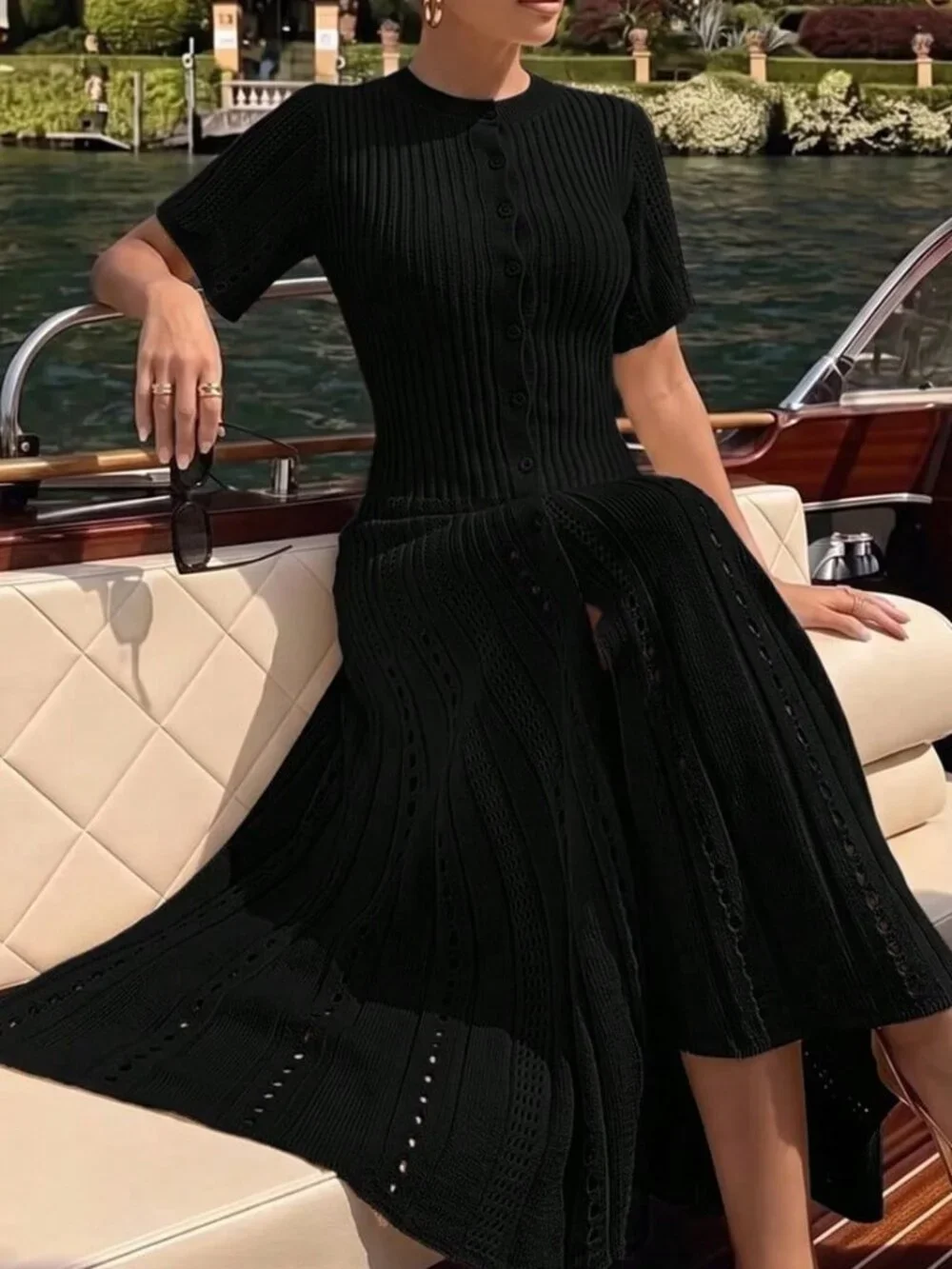 Black Elegant Women's Button Knit Short Sleeve Fishtail Skirt